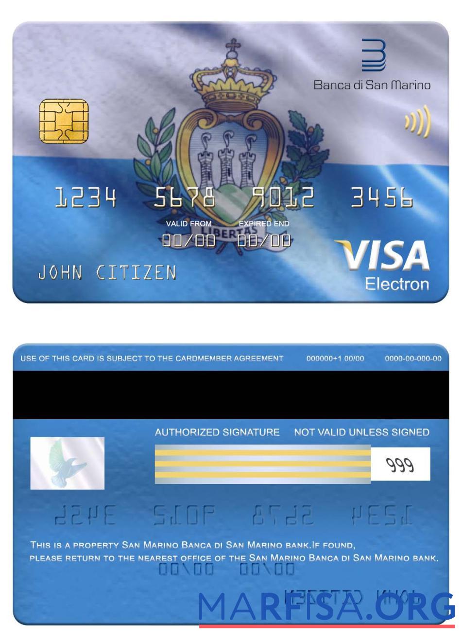 Printable San Marino Banca di San Marino bank visa electron card real example